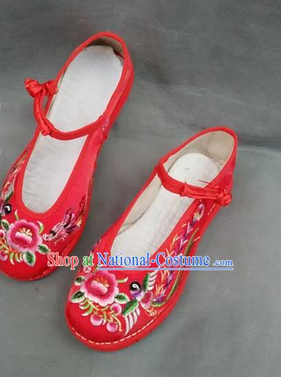 Asian Chinese National Wedding Red Embroidered Shoes, Traditional China Handmade Shoes Hanfu Embroidery Peony Shoes for Women