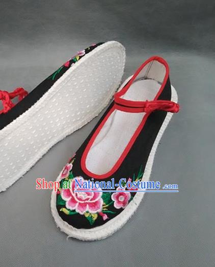 Traditional Chinese National Black Cloth Shoes Embroidered Shoes, China Handmade Shoes Hanfu Embroidery Peony Shoes for Women