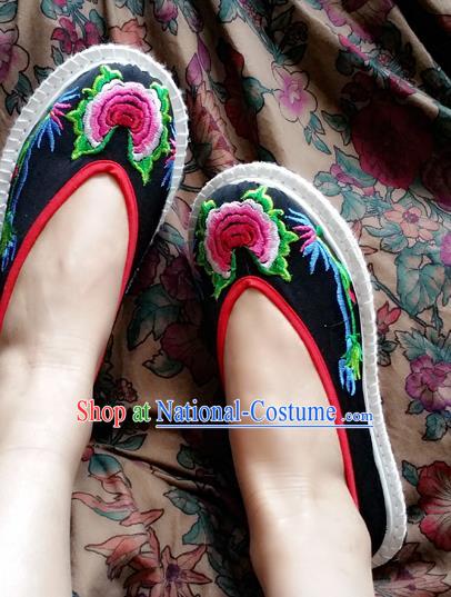 Traditional Chinese National Black Melaleuca Shoes Embroidered Shoes, China Handmade Shoes Hanfu Embroidery Shoes for Women