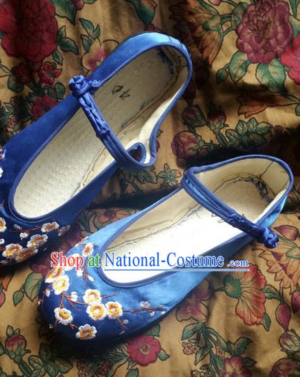 Traditional Chinese National Blue Satin Shoes Embroidered Shoes, China Handmade Shoes Hanfu Embroidery Shoes for Women