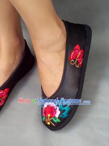 Traditional Chinese National Black Cloth Shoes Embroidered Shoes, China Handmade Shoes Hanfu Embroidery Butterfly Peony Shoes for Women