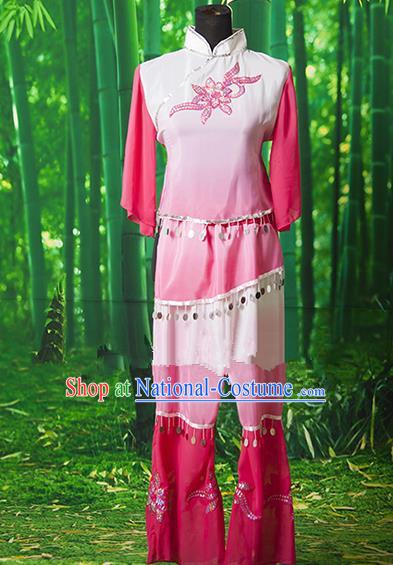 Traditional Chinese Classical Dance Yangge Fan Dancing Costume, Drum Dance Uniform Yangko Pink Costume for Women