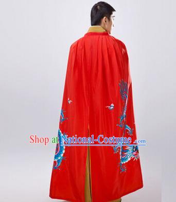 Traditional Ancient Chinese Manchu Prince Costume Long Red Cloak, Asian Chinese Qing Dynasty Royal Highness Embroidered Mantle Clothing for Men