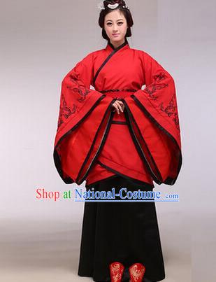 Asian China Ancient Han Dynasty Palace Lady Costume, Traditional Chinese Hanfu Imperial Consort Embroidered Red Curve Bottom Clothing for Women