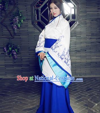 Asian China Ancient Han Dynasty Palace Lady Costume, Traditional Chinese Hanfu Imperial Consort Embroidered Curve Bottom Clothing for Women