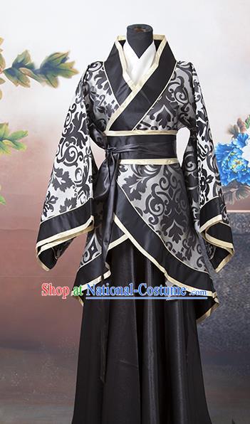 Asian China Ancient Han Dynasty Palace Lady Costume, Traditional Chinese Hanfu Embroidered Black Curve Bottom Clothing for Women