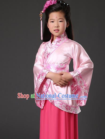 Asian China Ancient Han Dynasty Palace Lady Costume, Traditional Chinese Hanfu Embroidered Pink Curve Bottom Clothing for Kids