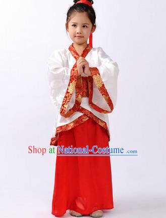 Asian China Ancient Han Dynasty Palace Lady Costume, Traditional Chinese Hanfu Embroidered Red Curve Bottom Clothing for Kids