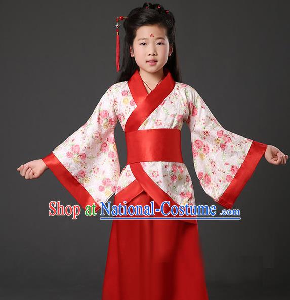 Asian China Ancient Han Dynasty Palace Lady Costume, Traditional Chinese Hanfu Embroidered Red Curve Bottom Clothing for Kids