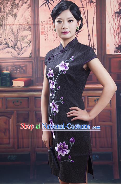 Traditional Ancient Chinese Republic of China Cheongsam, Asian Chinese Chirpaur Short Black Qipao Dress Clothing for Women