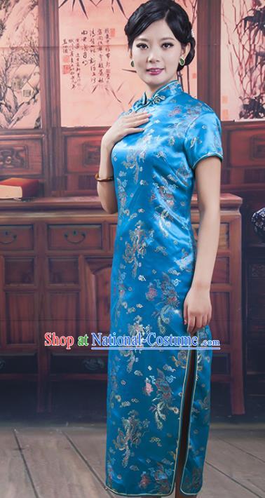 Traditional Ancient Chinese Republic of China Cheongsam, Asian Chinese Chirpaur Peacock Blue Silk Embroidered Qipao Dress Clothing for Women