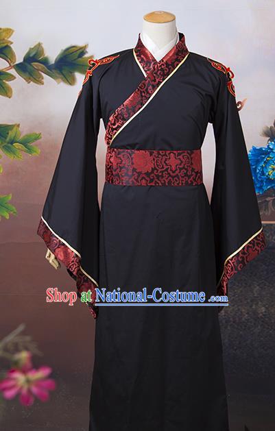 Asian China Ancient Han Dynasty Minister Costume, Traditional Chinese Chancellor Hanfu Embroidered Black Clothing for Men