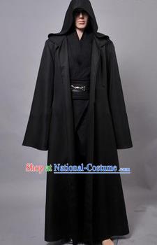 Asian China Ancient Han Dynasty Swordsman Costume, Traditional Chinese Kawaler Hanfu Embroidered Black Clothing for Men