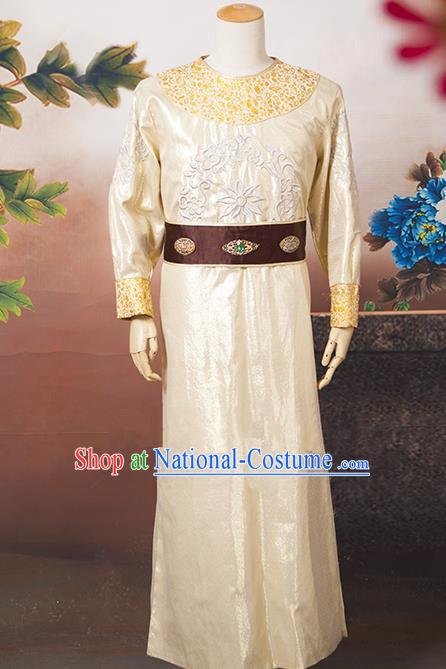 Asian China Ancient Tang Dynasty Swordsman Costume, Traditional Chinese Minister Hanfu Embroidered Golden Clothing for Men