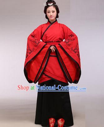 Traditional Ancient Chinese Imperial Consort Costume, Elegant Hanfu Chinese Han Dynasty Imperial Empress Red Embroidered Clothing for Women