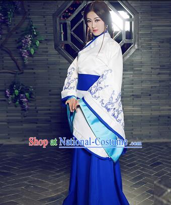 Traditional Ancient Chinese Imperial Consort Costume, Elegant Hanfu Chinese Han Dynasty Imperial Empress Blue Embroidered Clothing for Women