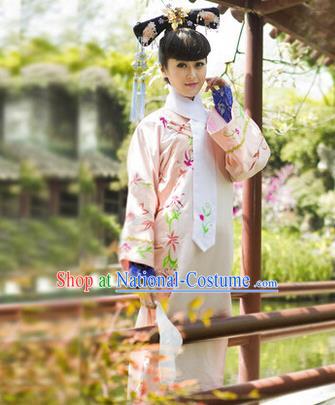 Traditional Ancient Chinese Imperial Consort Costume, Chinese Qing Dynasty Manchu Princess Embroidered Pink Dress Clothing for Women