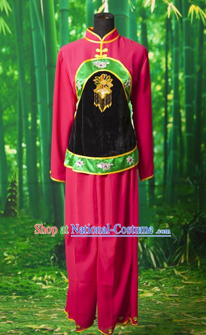 Traditional Chinese Classical Dance Yangge Fan Dancing Costume, Folk Dance Drum Dance Yangko Rosy Clothing for Women