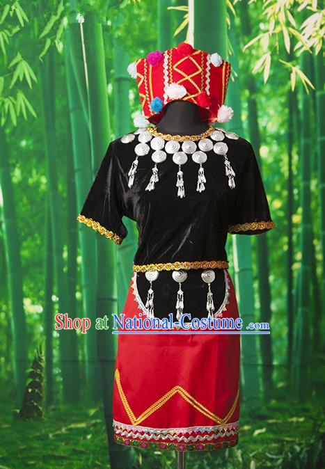 Traditional Chinese Miao Nationality Dancing Costume, Hmong Female Folk Dance Ethnic Pleated Skirt, Chinese Minority Nationality Embroidery Costume for Women