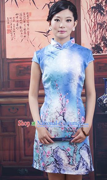 Traditional Ancient Chinese Republic of China Cheongsam, Asian Chinese Chirpaur Blue Qipao Dress Clothing for Women