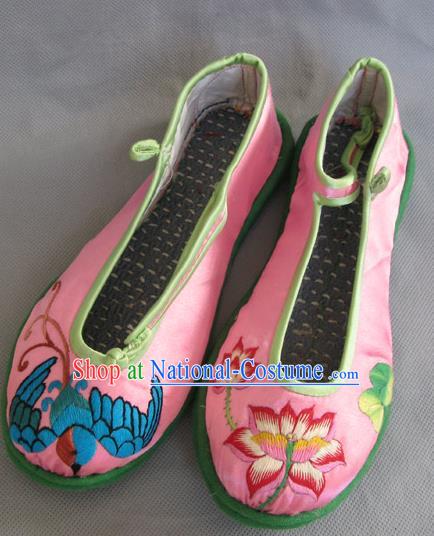 Traditional Chinese National Pink Satin Shoes Embroidered Shoes, China Handmade Shoes Hanfu Embroidery Shoes for Women