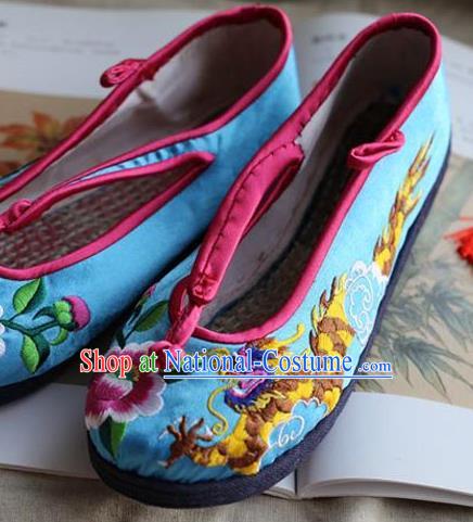 Traditional Chinese National Embroidered Shoes Wedding Blue Shoes, China Handmade Shoes Hanfu Embroidery Dragon and Phoenix Shoes for Women