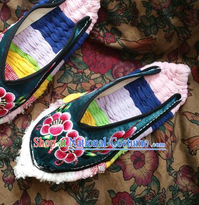 Traditional Chinese National Embroidered Shoes Handmade Green Satin Slippers, China Hanfu Embroidery Flowers Shoes for Women