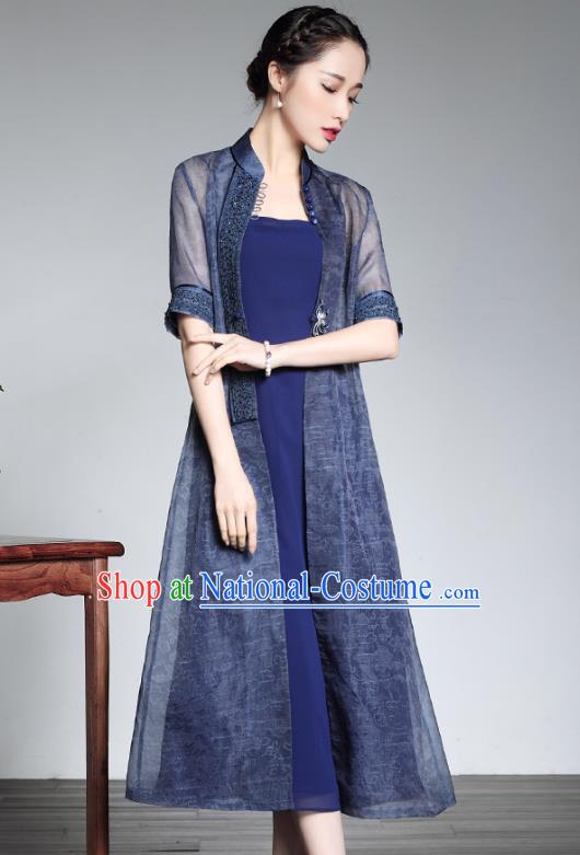 Traditional Chinese National Costume Elegant Hanfu Blue Cheongsam and Coat, China Tang Suit Chirpaur Dust Coat for Women