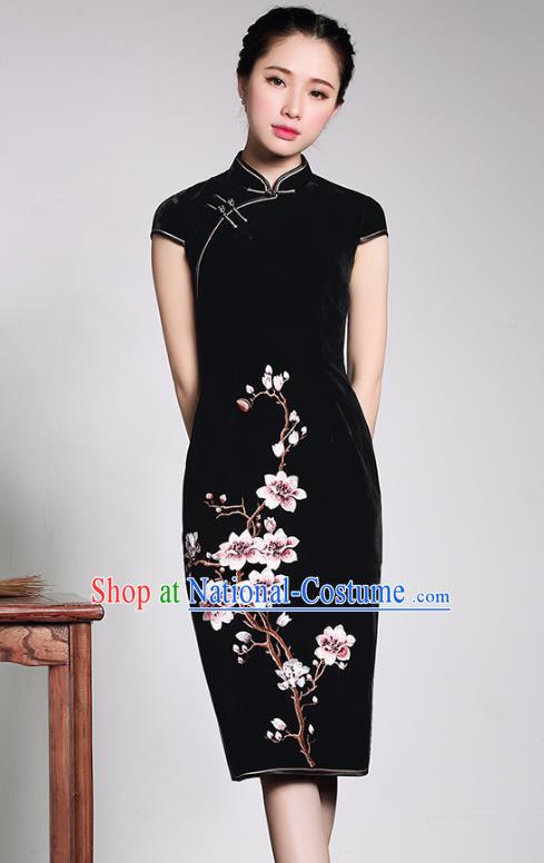 Traditional Chinese National Costume Elegant Hanfu Black Velvet Embroidered Cheongsam, China Tang Suit Plated Buttons Chirpaur Dress for Women