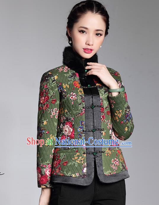 Traditional Chinese National Costume Elegant Hanfu Green Cotton-padded Jacket, China Tang Suit Plated Buttons Coat Upper Outer Garment for Women