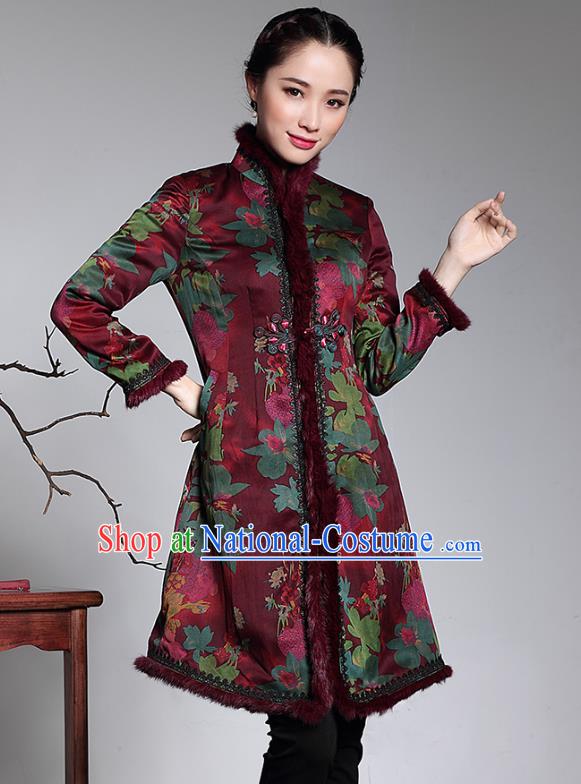 Traditional Chinese National Costume Elegant Hanfu Plated Button Cotton-padded Coat, China Tang Suit Upper Outer Garment Purple Coat for Women