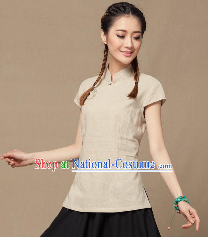 Traditional Chinese National Costume Elegant Hanfu Plated Button Beige Shirt, China Tang Suit Slant Opening Blouse Cheongsam Upper Outer Garment for Women