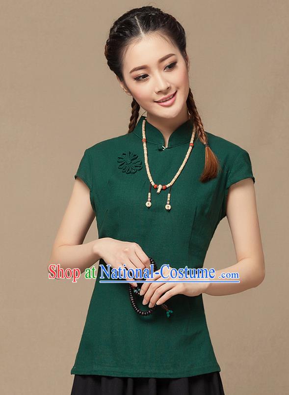 Traditional Chinese National Costume Elegant Hanfu Plated Button Deep Green Shirt, China Tang Suit Slant Opening Blouse Cheongsam Upper Outer Garment for Women