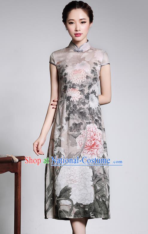 Traditional Chinese National Costume Elegant Hanfu Printing Linen Cheongsam, China Tang Suit Slant Opening Chirpaur Cheong-sam for Women