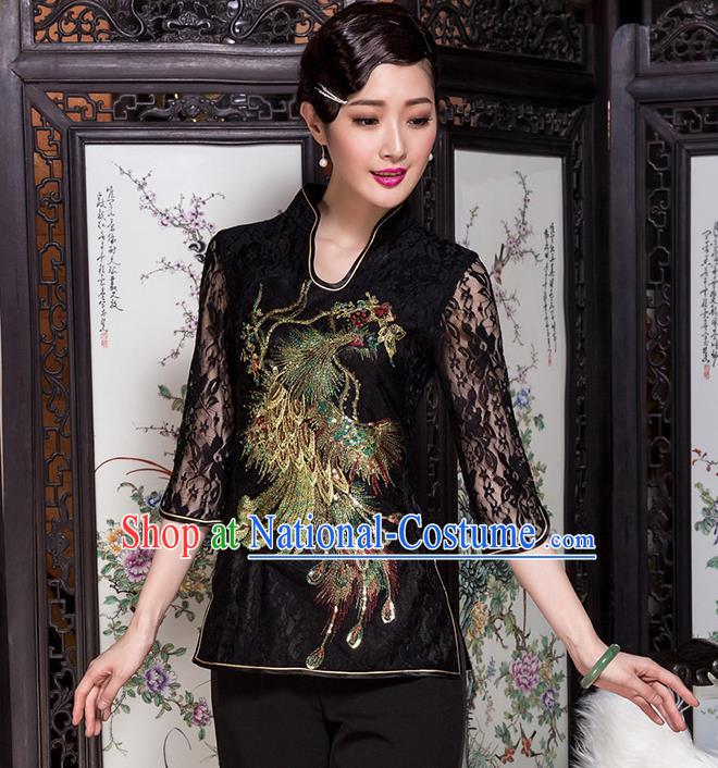 Traditional Chinese National Costume Elegant Hanfu Embroidery Peacock Black Shirt, China Tang Suit Blouse Cheongsam Upper Outer Garment for Women