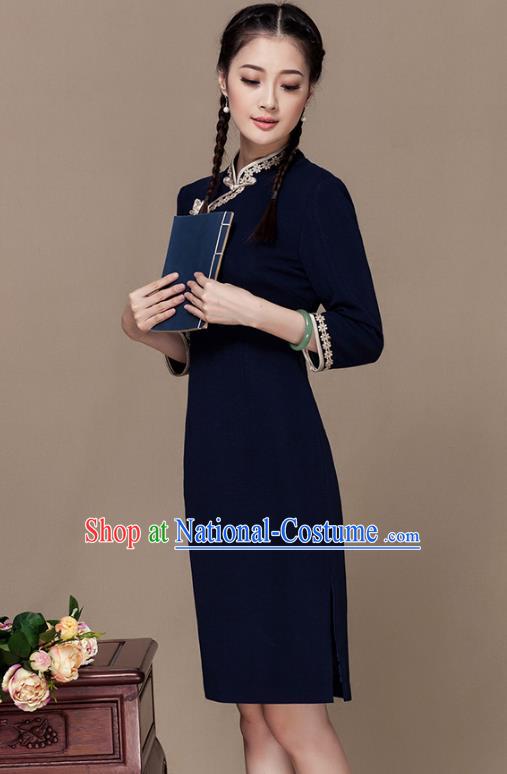 Traditional Chinese National Costume Elegant Hanfu Navy Cheongsam Dress, China Tang Suit Slant Opening Chirpaur Cheong-sam for Women