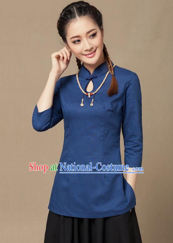 Traditional Chinese National Costume Elegant Hanfu Plated Button Navy Linen Shirt, China Tang Suit Slant Opening Upper Outer Garment Cheongsam Blouse for Women