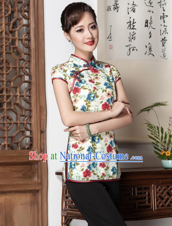 Traditional Chinese National Costume Elegant Hanfu Plated Button Printing White Shirt, China Tang Suit Upper Outer Garment Cheongsam Blouse for Women