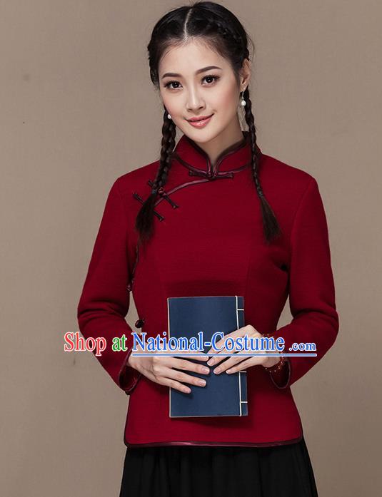 Traditional Chinese National Costume Elegant Hanfu Plated Button Red Wool Shirt, China Tang Suit Slant Opening Blouse Cheongsam Upper Outer Garment for Women