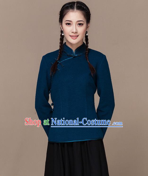 Traditional Chinese National Costume Elegant Hanfu Plated Button Blue Wool Shirt, China Tang Suit Slant Opening Blouse Cheongsam Upper Outer Garment for Women