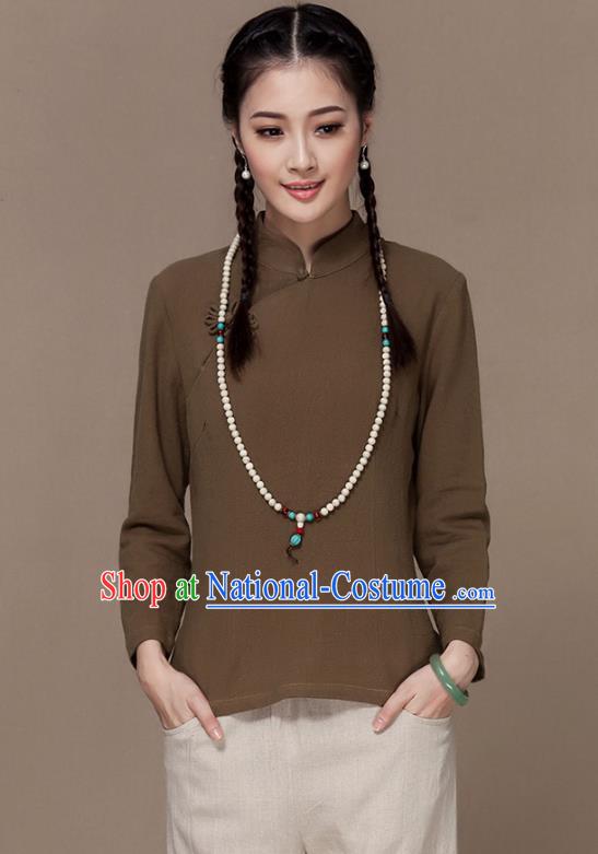 Traditional Chinese National Costume Elegant Hanfu Plated Button Army Green Linen Shirt, China Tang Suit Upper Outer Garment Cheongsam Blouse for Women