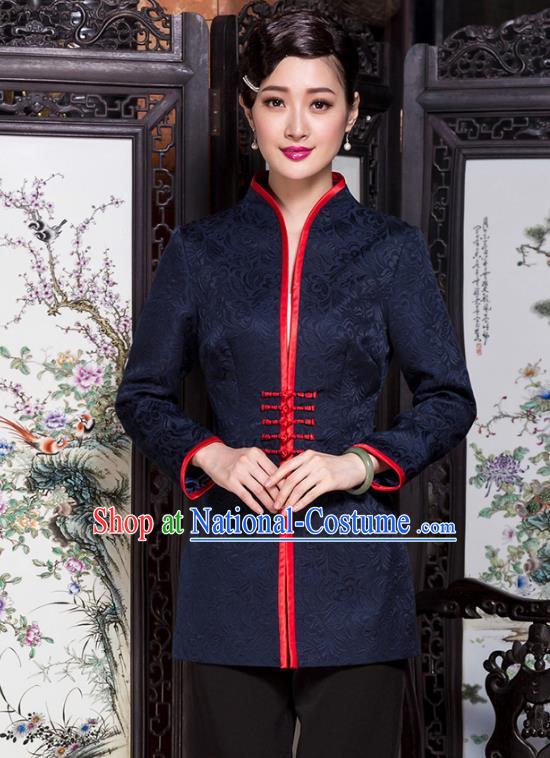 Traditional Chinese National Costume Elegant Hanfu Navy Brocade Coat, China Tang Suit Plated Buttons Jacket for Women