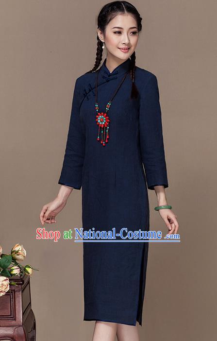 Traditional Chinese National Costume Elegant Hanfu Navy Linen Cheongsam, China Tang Suit Plated Buttons Chirpaur Dress for Women