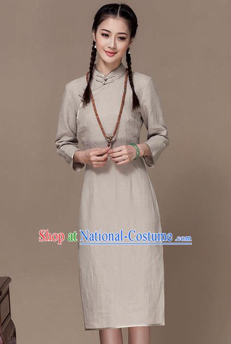 Traditional Chinese National Costume Elegant Hanfu Beige Linen Cheongsam, China Tang Suit Plated Buttons Chirpaur Dress for Women