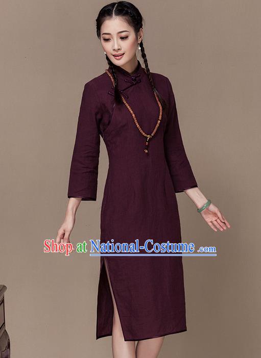 Traditional Chinese National Costume Elegant Hanfu Purple Linen Cheongsam, China Tang Suit Plated Buttons Chirpaur Dress for Women