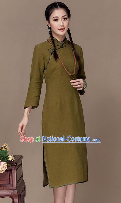 Traditional Chinese National Costume Elegant Hanfu Green Linen Cheongsam, China Tang Suit Plated Buttons Chirpaur Dress for Women