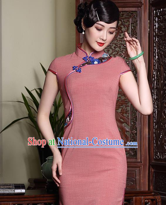 Traditional Chinese National Costume Elegant Hanfu Pink Linen Embroidered Cheongsam, China Tang Suit Plated Buttons Chirpaur Dress for Women