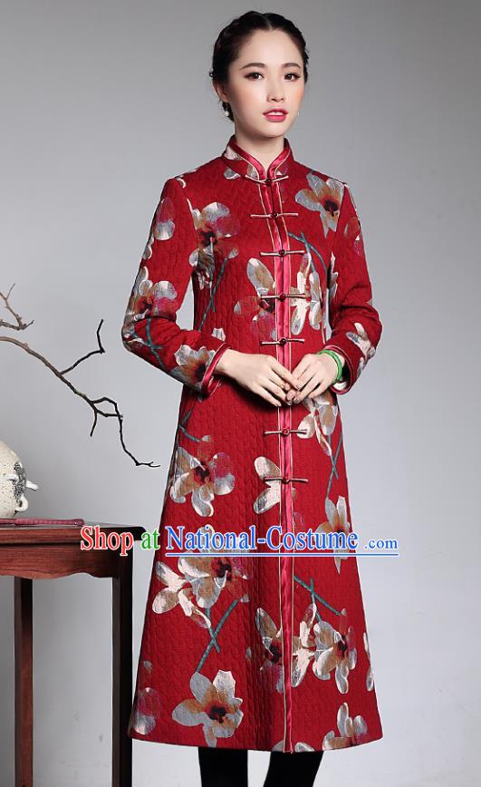 Traditional Chinese National Costume Elegant Hanfu Cheongsam Red Cotton-padded Coat, China Tang Suit Plated Buttons Chirpaur Dust Coat for Women