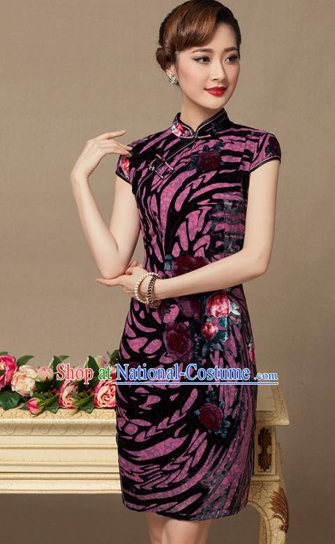 Traditional Chinese National Costume Elegant Hanfu Purple Velvet Cheongsam, China Tang Suit Plated Buttons Chirpaur Dress for Women