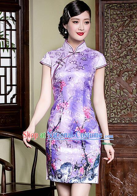 Traditional Chinese National Costume Elegant Hanfu Purple Printing Peach Blossom Cheongsam, China Tang Suit Plated Buttons Qipao Chirpaur Dress for Women